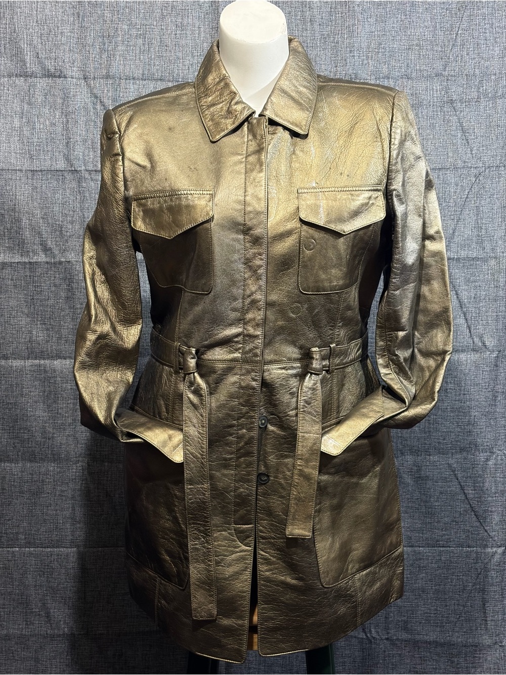 Dana Buchman Metallic Bronze Leather Belted Coat Vintage 90s Y2K Women’s 14